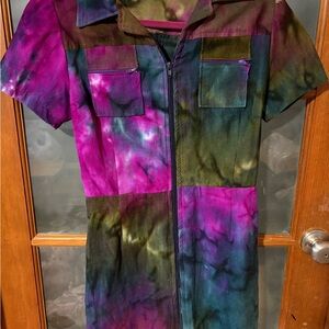 Tie Dye Corduroy Mini Dress Festival Western Cowgirl Patchwork Zip Front Small